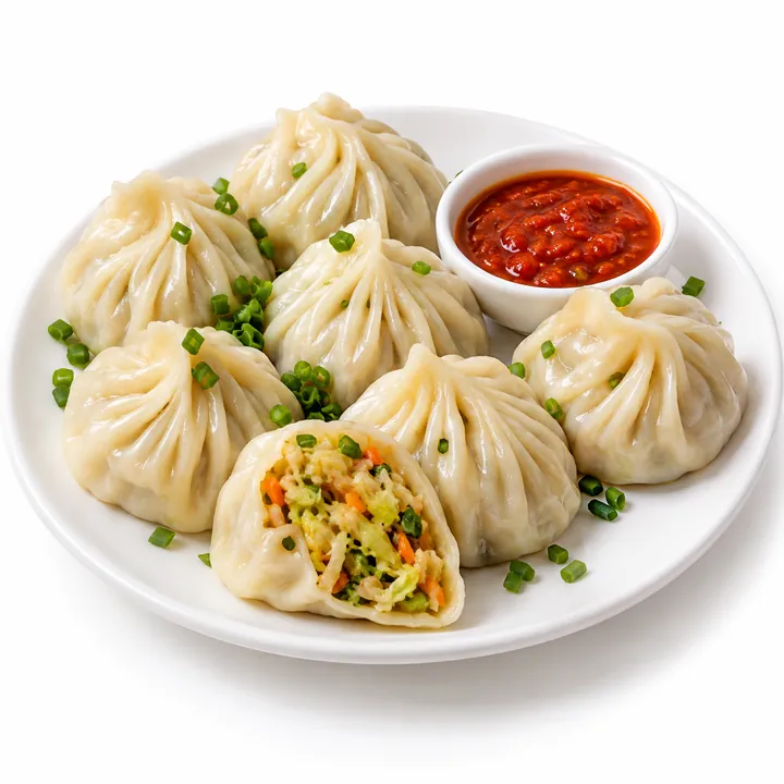 Mr. Chef frozen Veg Momos steamed, served with red chutney