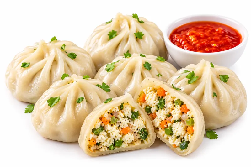 Mr. Chef frozen Paneer Momos cut open showing paneer and vegetable filling
