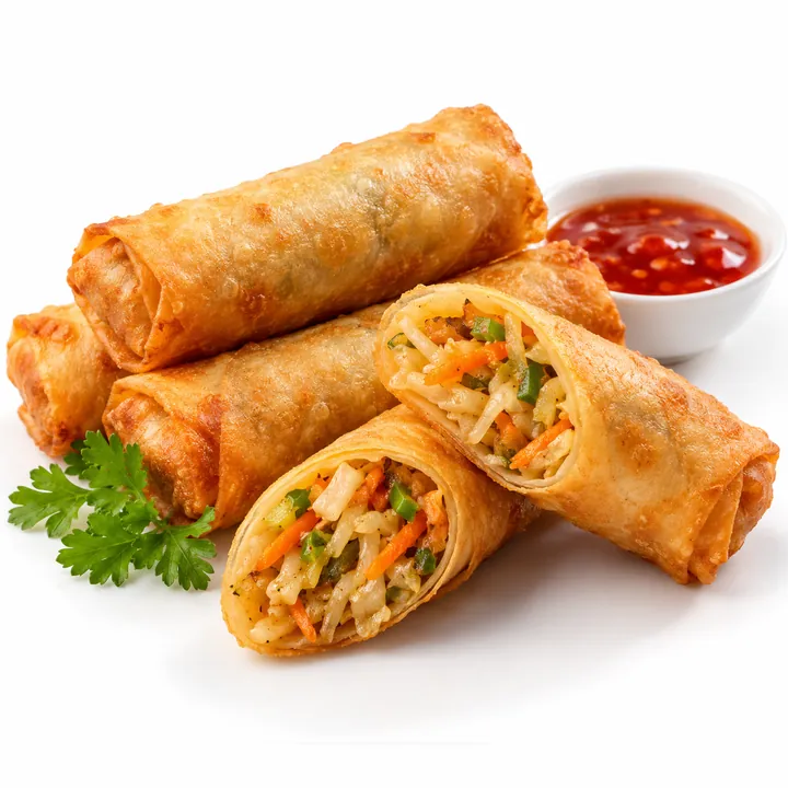 Mr. Chef frozen Veg Spring Rolls, cut open showing vegetable filling, with chilli sauce